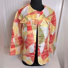 Lightweight Button Up Jacket By Alfred Dunner. Brand New, Never Worn. Multicolor Design. Two Chest Pockets Are Decorative Only. Two Hand Pockets On The Front. Five Buttons In The Front. Parts Are Semi Sheer. Size 10. 100% Polyester. Multicolor Single-breasted Outerwear For Spring, Multicolor Single-breasted Spring Outerwear, Spring Multicolor Single-breasted Outerwear, Retro Button-up Spring Outerwear, Retro Spring Button-up Outerwear, Spring Retro Button-up Outerwear, Multicolor Button-up Outerwear For Spring, Retro Red Outerwear For Spring, Fitted Summer Outerwear With Snap Buttons