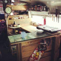 a kitchen area with a counter, keyboard and various tools on the wall behind it