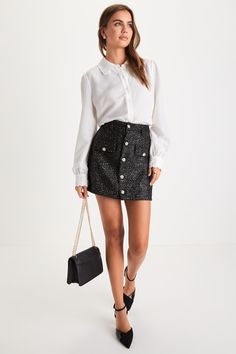 The Lulus Posh Reputation Black Tweed Rhinestone Button-Front Mini Skirt is here to make sure everyone knows that you're at the top of the style game! Woven tweed fabric, with glossy beige threading, black tinsel-like detailing, and gold sequins throughout, shapes this chic skirt that has a high-rise fit and a banded waist with belt loops. The A-line silhouette features decorative flap pockets with sparkling rhinestone buttons and a matching, functional button placket that meets the cute mini he Black Tweed Skirt Outfit, Tweed Skirt Outfit, Black Tweed Skirt, Black Tweed Dress, Black Skirt Outfits, Chic Skirt, Chic Skirts, Lulu Fashion, Miniskirt Outfits