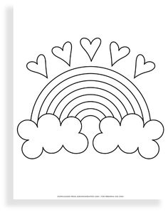 a black and white drawing of a rainbow with hearts