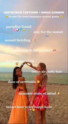 two women standing on top of a sandy beach next to the ocean with words written in different languages