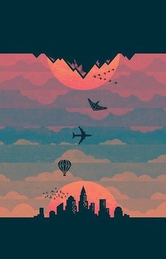 an airplane is flying over the city at sunset with mountains and birds in the sky