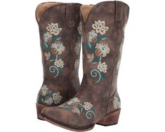 Roper Riley Floral | Zappos.com Brown Floral Print Boots For Fall, Western Boots With Floral Print For Fall, Country Style Leather Boots For Spring, Country Style Boots For Ranch In Spring, Country Style Boots For Spring Ranch, Spring Western Style Mid-calf Boots For Ranch, Spring Rodeo Leather Mid-calf Boots, Country Style Boots For Spring Country Events, Casual Fall Boots With Floral Embroidery