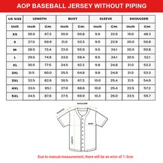 baseball jersey without piping size chart