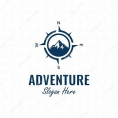 the adventure logo is shown with mountains in the background and sun rays coming through it