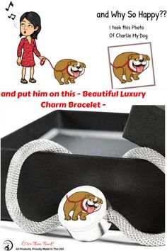 an advertisement with a woman pulling a dog on a leash, and another cartoon character