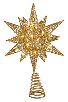 a christmas tree topper with lights and spirals on the bottom, in gold