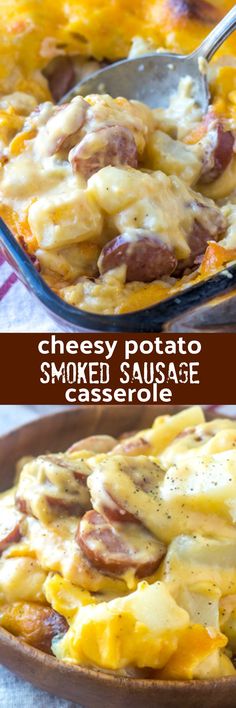 cheesy potato smothered sausage casserole in a baking dish