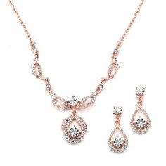 Rose Gold Vintage-Style Crystal Necklace and Earrings Set 4554S-RG Rose Gold Bridal Jewelry Set, Rose Gold Bridal Jewelry, Crystal Bridal Jewelry Sets, Gold Bridal Jewellery Sets, Bridal Fashion Jewelry, Prom Jewelry, Bridesmaid Jewelry Sets, Necklace And Earrings Set, Bridal Gold Jewellery