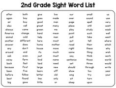 the 2nd grade sight word list is in black and white, with words below it