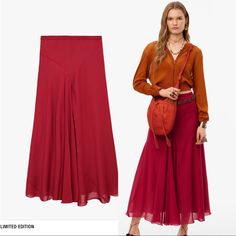 Brand New With Tags. Red Flared Skirt For Summer, Red Flared Skirt For Fall, Red Chic Relaxed Maxi Skirt, Red Relaxed Chic Maxi Skirt, Chic Red Relaxed Maxi Skirt, Red Flared Maxi Skirt For Fall, Red Lined Skirt For Fall, Red Skirted Bottoms For Spring, Casual Red Maxi Skirt For Spring