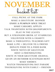 the november bucket list is shown in orange and white with text overlaying it