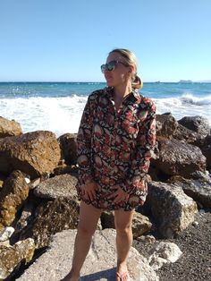 Cotton shirt dress Casual Printed Shirt Dress For Beach, Summer Beach Printed Shirt Dress, Printed Shirt Dress For Vacation, Bohemian Blouse With Tropical Print For Beach, Vacation Cotton Tunic Shirt Dress, Hippie Floral Print Blouse For Beach, Summer Tunic Shirt Dress For The Beach, Bohemian Long Sleeve Shirt Dress For Beach, Long Sleeve Bohemian Shirt Dress