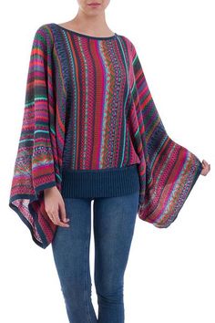 Sweater, 'Fiesta of Color' - Colorful Striped Alpaca Wool Blend Sweater from Peru Peru Fashion, Patterned Sweaters, Striped Kimono, Poncho Top, Striped Pullover, Poncho Tops, Blue Pullover, Knitted Poncho, Blue Sweater