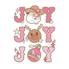 the word joy is written in pink and white with an image of a reindeer wearing a hat