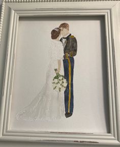 a painting of a bride and groom holding each other's hands in front of a white frame