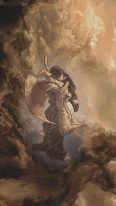 an angel is flying through the clouds with his arms around a woman's head