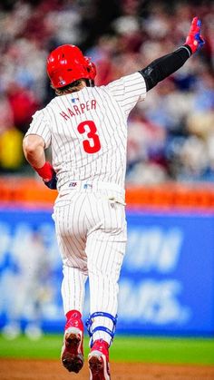 MLB Philadelphia Phillies star Bryce Harper salutes the Philadelphia Phillies crowd after a home run while rounding the bases Bryce Harper, Baseball Uniforms, Baseball Season, Sport Photography