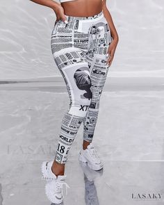 Lasaky - Premium High-Waisted Newsprint Leggings High Waist Stretch Printed Bottoms, Non-stretch White Printed Bottoms, High Waist Stretch Bottoms With Graphic Print, Trendy Fitted Bottoms With All Over Print, White Stretch Printed Pants, Stretch Printed Streetwear Bottoms, Trendy Stretch Leggings With Graphic Print, Stretch Printed Bottoms For Streetwear, Spring Streetwear Bottoms With All Over Print