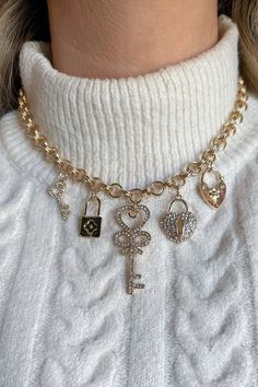 Charm Necklace ~ Gold Chain Crystal Heart and Keylock Necklace Product Details: Color: Gold 16"-18" Gold Charm Necklace Birthday 25, Necklace Gold Chain, Gold Charm Necklace, Cute Necklace, Gold Chain Necklace, Crystal Heart, Gold Charm, Necklace Gold, Gold Chain