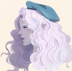 a drawing of a woman with long white hair and a blue hat on her head