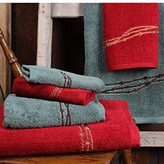 Barbed Wire Embroidered Bathroom Towels in Red or Turquoise - Your Western Decor Barbed Wire Embroidery, Western Shower Curtain, Wire Embroidery, Embroidered Bath Towels, Best Bath Towels, Towel Decor