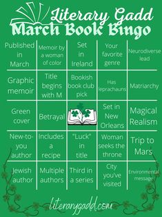 a green poster with the words library gad march book bingo on it's side