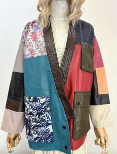 Spring Leather Jacket With Patchwork And Long Sleeves, Multicolor Leather Outerwear For Fall, Multicolor Long Sleeve Leather Jacket For Fall, Long Sleeve Patchwork Leather Jacket For Spring, Spring Leather Jacket With Patchwork, Fall Leather Jacket With Patchwork, Patchwork Leather Jacket For Fall, Multicolor Leather Winter Outerwear, Fall Patchwork Leather Jacket