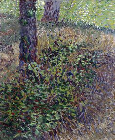 a painting of trees and bushes in the grass