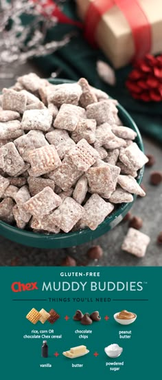 a bowl filled with muddy buddies next to christmas presents