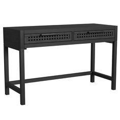 a black console table with two drawers on one side and an open drawer at the top