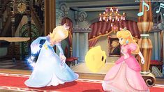 two animated princesses standing in front of a stage with musical notes on the walls