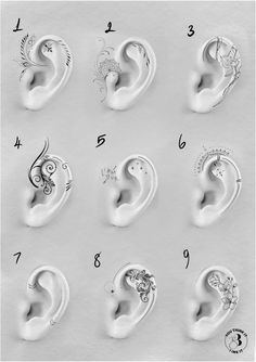 the different types of ear piercings are shown in black and white, as well as numbers