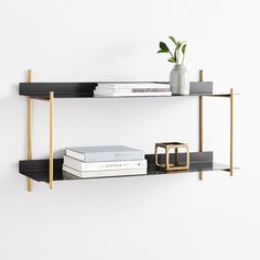 two black and gold shelves with books on them, one shelf has a plant in it