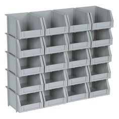 a large stack of plastic bins on a white background