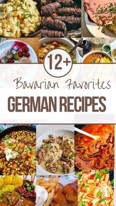 the german food is shown in this collage with text that reads, 12 bavarian favorites