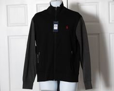 Early 2000s men's long sleeve shirt - full zipper front, high neck, black body with dark grey sleeves POLO RALPH LAUREN - Performance  size - M vintage new, sales tag still attached Black Long Sleeve Cotton Track Jacket, 2000s Men, American Flag Fashion, 90s Men, Mens Dress Socks, 90s Mens, Ralph Lauren Long Sleeve, Striped Polo Shirt, Dress Socks