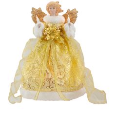 an angel doll is dressed in yellow and white with gold accents on it's wings