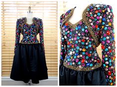 "This is an absolutely gorgeous vintage dress and bolero jacket by Oleg Cassini, Black Tie. Both are beautifully detailed with multicolored jewels, beads and sequins. They're in perfect condition! Bust - 36\" Waist - 30\" Hips - free Dress Length - 37\" Tag Size - 10 (please refer to measurements) This dress comes from a pet-free and smoke-free home. If you would like more info or have any questions, please don't hesitate to ask!" Elegant Costume Dress With Sequins, Vintage Multicolor Formal Dress, Glamorous Fitted Costume Dress, Fitted Beaded Dress For Costume Party, Fitted Sequin Costume Dress, Vintage Multicolor Dress For Costume Party, Vintage Multicolor Dresses For Costume Party, Vintage Multicolor Costume Party Dress, 90s Couture