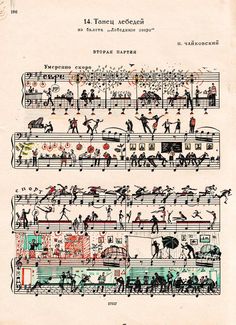 an old sheet music with people playing musical instruments and dancing in the street, surrounded by other drawings