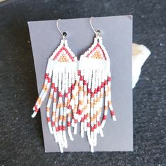 Hand Beaded American Indian Sioux Earings Adjustable Red Beaded Fringe Earrings, Red Beaded Fringe Earrings For Beach, Red Beaded Earrings For Festival With Tiny Beads, Red Beaded Fringe Earrings For Summer, Red Beaded Earrings For Summer Festival, Adjustable Red Beaded Earrings For Summer, Fossil Bracelet, Pearl Statement Necklace, Gold Bracelet Set