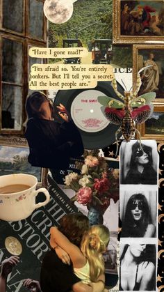 the collage has many pictures and words on it, including an image of a woman