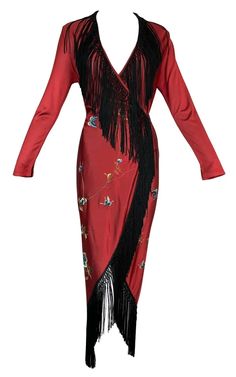 1990's Jean Paul Gaultier Butterfly Embroidered Red & Black Fringe Wrap Dress | eBay Jean Paul Gaultier Butterfly, Saloon Dress, Sparkling Gown, Comic Dress, Gaultier Dress, Jean Paul Gaultier Dress, Plaid Wrap Dress, Chic Closet, 90s Y2k Fashion