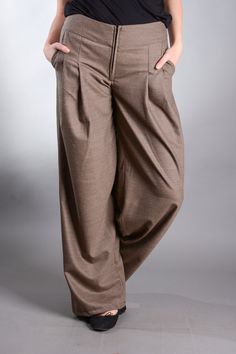 "Palazzo Pants, Wide Leg Pants, Loose Pants, High Waisted Pants, Plus Size Clothing ^ Sizes: The item can be made in sizes from XXS to 7XL. Please, use the size chart below or if you are not sure about your size, just * contact us with your measures! ^ Estimated delivery times: It takes us up to 3 days to make and ship this item. Standard delivery: - 10-15 biz days to the US, Canada - 5-7 days to Europe - 15-20 biz days to Australia and World MATERIAL: cold wool I'll be happy to make the item ac Non-stretch Wide Leg Harem Pants For Work, Brown Pants With Belt Loops And Loose Fit, Brown Baggy Harem Pants For Workwear, Fitted Wide Leg Harem Pants With Belt Loops, Stretch Harem Pants For Work, Stretch Full Length Harem Pants For Work, Brown Stretch Wide Leg Dress Pants, Fall Workwear Full Length Harem Pants, Brown Wide Leg Bottoms With Loosely Fitted Hips