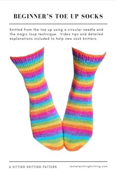 a pair of colorful socks with text that reads beginner's toe up socks