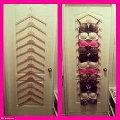 there is a closet with several bras hanging on the door