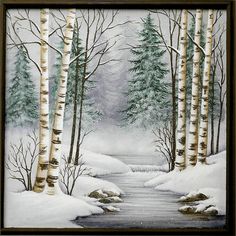 a painting of snow covered trees and stream in the woods with water running through it