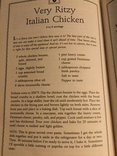 an open book with instructions on how to cook italian chicken