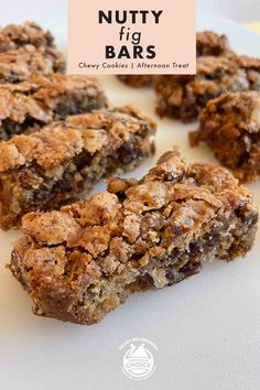 chocolate chip nutty hig bars on a white plate with text overlay that reads,