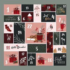 a christmas calendar with gifts and numbers